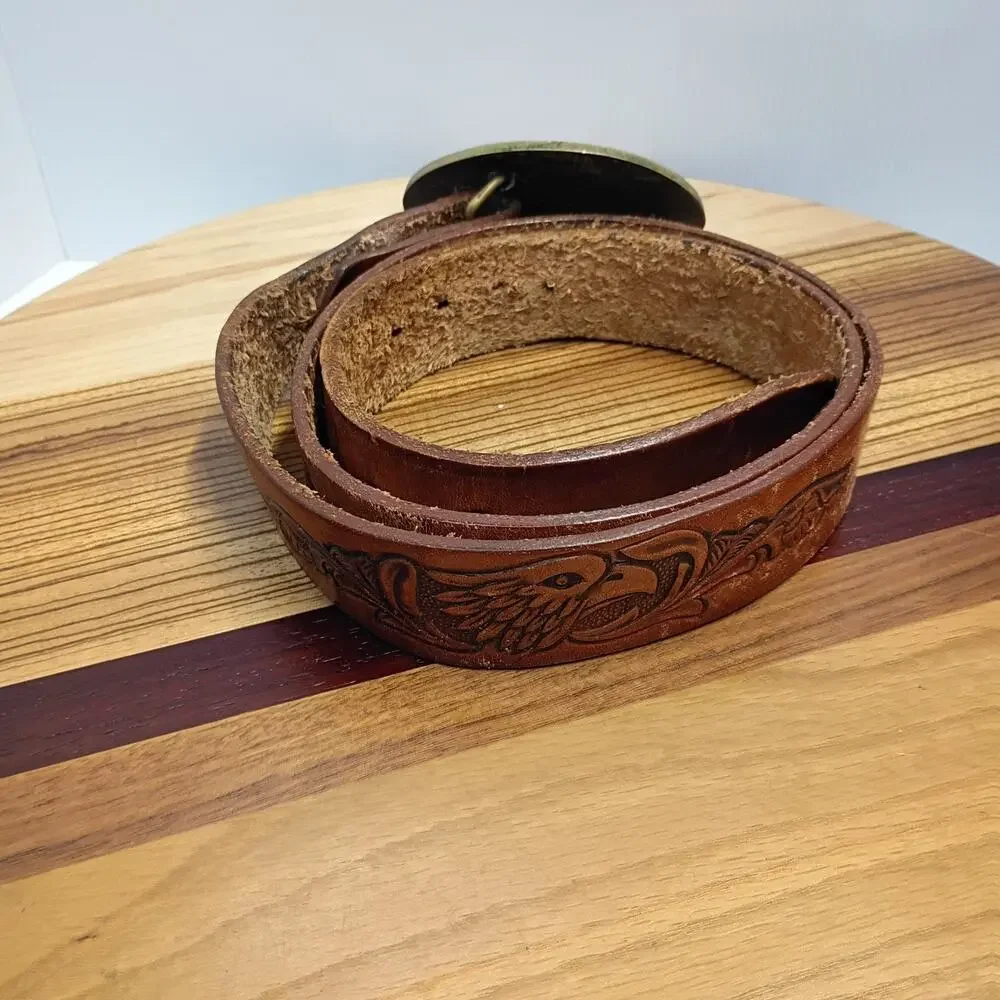 Oh Boy! Oberto Beef Jerky Belt Brass Buckle Eagle Tooled Leather Belt Size 40